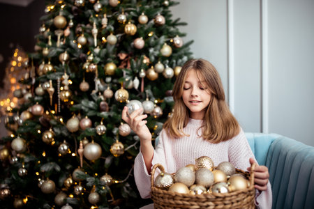 Cute teenage girl in a room with a decorated Christmas tree. The winter holidays. high quality photoの写真素材