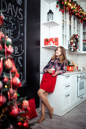 Cute teenage girl in the kitchen with Christmas decorations. The winter holidays. high quality photoの写真素材