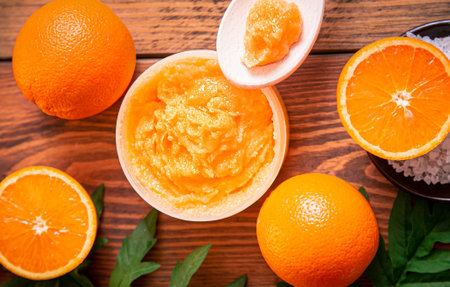Orange scrub for face or body. Cosmetic product made of natural ingredients. studio photo.の写真素材