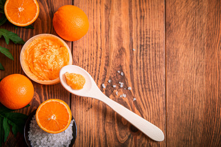 Orange scrub for face or body. Cosmetic product made of natural ingredients. studio photo.の写真素材