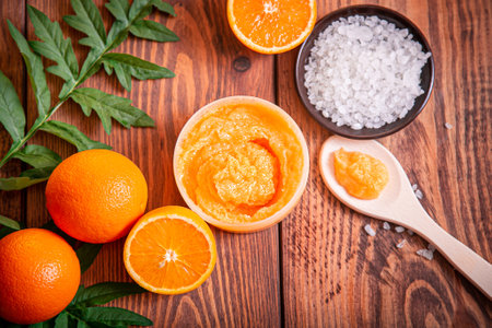 Orange scrub for face or body. Cosmetic product made of natural ingredients. studio photo.の写真素材