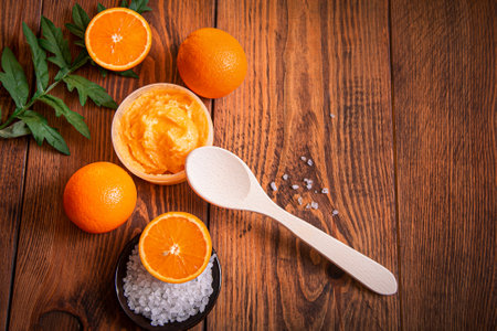 Orange scrub for face or body. Cosmetic product made of natural ingredients. studio photo.の写真素材