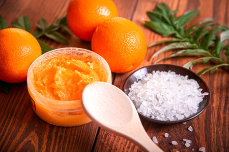 Orange scrub for face or body. Cosmetic product made of natural ingredients.の写真素材