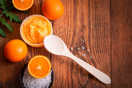 Orange scrub for face or body. Cosmetic product made of natural ingredients.の写真素材