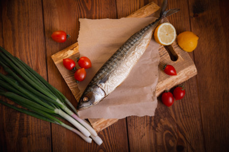 Hot smoked mackerel on the table in the kitchen.の写真素材