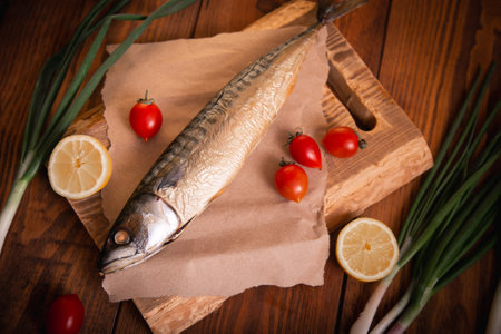 Mackerel on the table with vegetables. Home cooking, fish menu.の写真素材