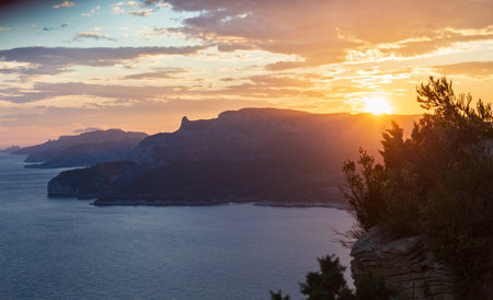 Beautiful landscape with sea and rocks, sunset on the Mediterranean sea.の写真素材