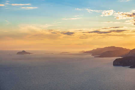 Beautiful landscape with sea and rocks, sunset on the Mediterranean sea.の写真素材