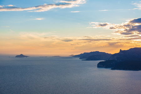 Beautiful landscape with sea and rocks, sunset on the Mediterranean sea.の写真素材