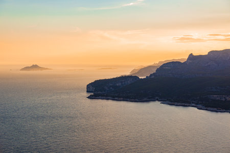 Beautiful landscape with sea and rocks, sunset on the Mediterranean sea.の写真素材