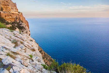 Beautiful landscape with sea and rocks, sunset on the Mediterranean sea.の写真素材
