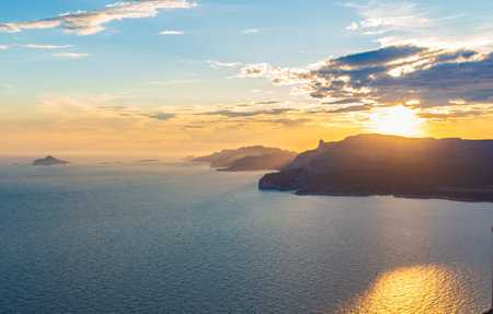 Beautiful landscape with sea and rocks, sunset on the Mediterranean sea, France.の写真素材