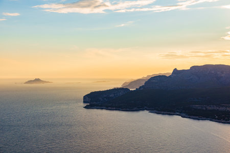 Beautiful landscape with sea and rocks, sunset on the Mediterranean sea.の写真素材