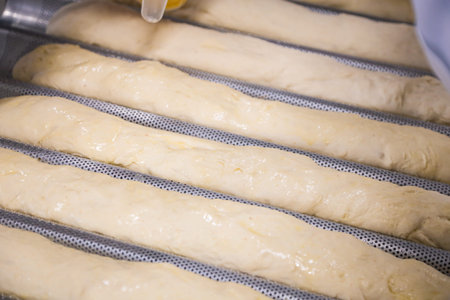 Raw baguettes dough prepared for baking in a bakery