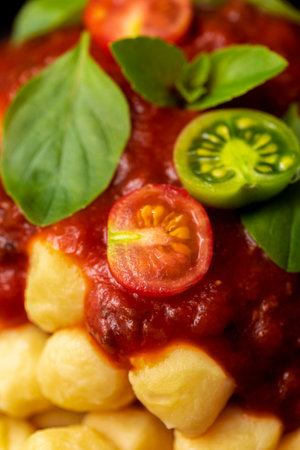 Close up on traditional italian potato gnocchi in tomato sauce with fresh basil and Cherry tomatoの写真素材