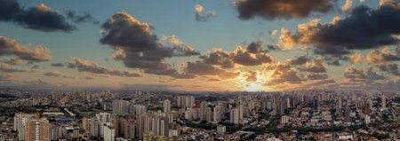 Panoramic aerial view of the city of Santo AndrÃ©, SÃ£o Paulo at sunsetの写真素材