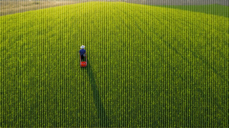 Aerial view of tractor spraying pesticides on soybean field with sprayerの素材