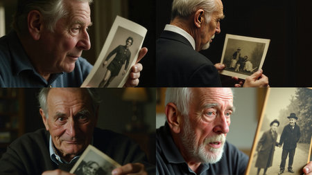 Collage of portraits of senior men with old photos in their handsの素材