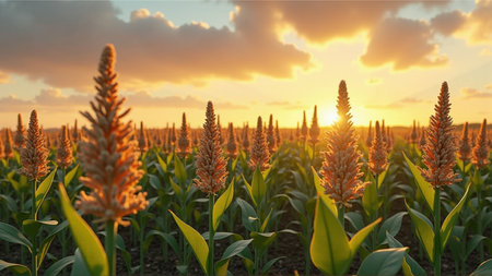 Agricultural field with corn plants at sunset. 3d renderingの素材