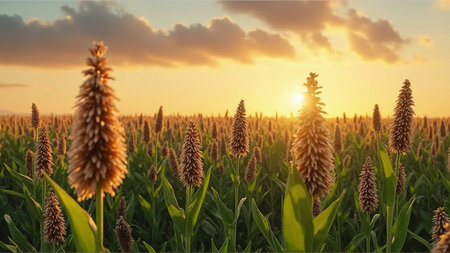 Sunset over a corn field with flowers in the foreground, 3d renderの素材