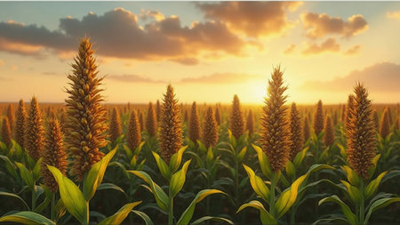 Sorghum field at sunset. Beautiful nature background. 3d renderingの素材