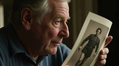 Portrait of a senior man looking at an old photo in his handsの素材