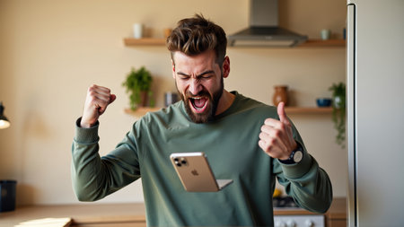 Excited man using mobile phone and showing thumbs up in the kitchenの素材