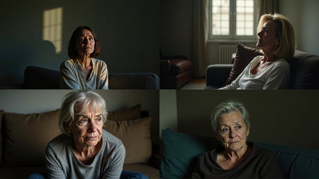 Collage of senior woman sitting on sofa in living room at homeの素材