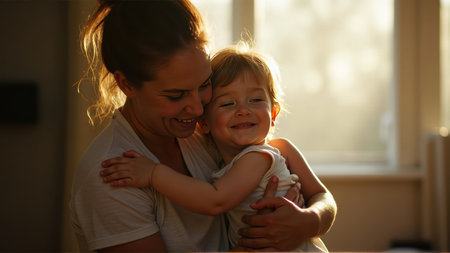 Portrait of a smiling mother holding her daughter in her arms.の素材