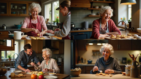 Collage of happy senior women cooking together in the kitchen at homeの素材