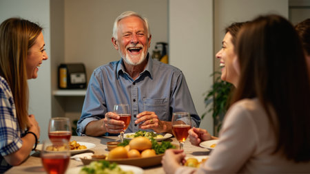 Group of friends having dinner together at home. Cheerful senior man and women drinking wine and talking.の素材