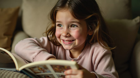 Portrait of a smiling little girl reading a book at home.の素材
