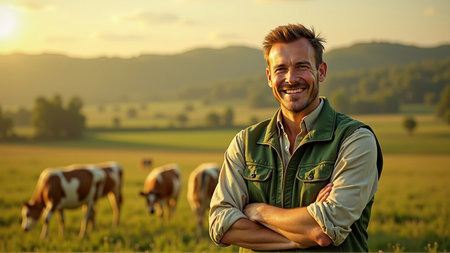 portrait of a smiling farmer standing in a field with cows at sunsetの素材