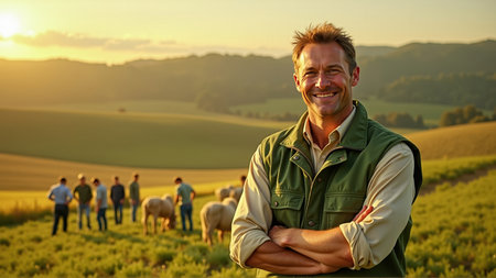 Portrait of happy farmer standing with arms crossed in front of herd of sheepの素材