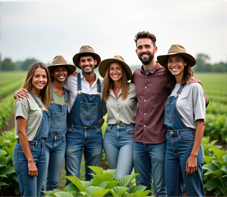 Portrait of group of young farmers standing in a row in the fieldの素材