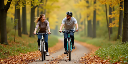Happy young couple riding bicycles in autumn forest. Healthy lifestyle and sport concept.の素材