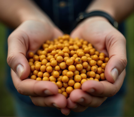 Sea buckthorn in the hands of a girl. Selective focus.の素材