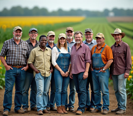 Group of happy farmers standing in a row in front of a fieldの素材