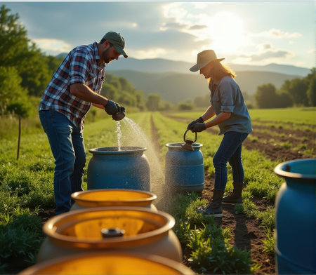 Farmer and agronomist watering plants in the field at sunsetの素材
