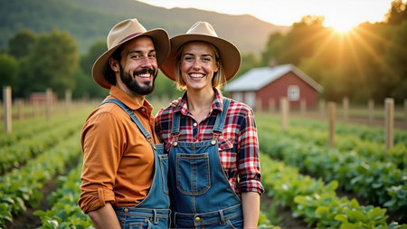 Portrait of a happy farmer couple standing in a field at sunsetの素材