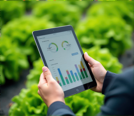 close up of businesswoman using digital tablet in hydroponic farmの素材