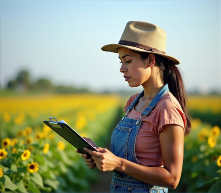 Young asian woman agronomist with tablet in sunflower fieldの素材