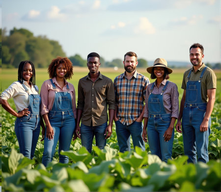 Group of happy african american and caucasian farmers standing in the fieldの素材