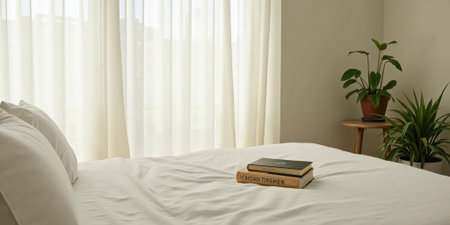 Bedroom interior with book and plant on bedside table, selective focusの素材