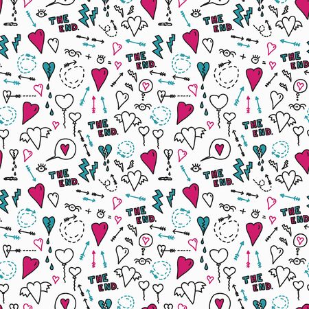 Vector seamless love hate pattern in white. Simple doodle journal drawings made into repeat. Great for background, wallpaper, wrapping paper, packaging, fashion.のイラスト素材