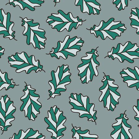 Vector autumn leaf seamless pattern in green. Simple doodle oak leaf hand drawn made into repeat. Great for background, wallpaper, wrapping paper, packaging, fashion.のイラスト素材