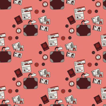 Vector seamless travel pattern in pink. Simple doodle money and suitcase and passport and ticket made into repeat. Great for background, wallpaper, wrapping paper, packaging, travel theme, fashion.のイラスト素材