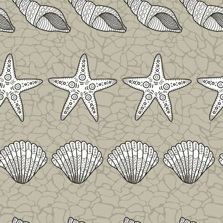 Vector Horizontal Shell Seamless Pattern In Brown Simple Doodle Seashell Hand Drawn Elements Made Into Repeat Great For Background Wallpaper Wrapping Paper Packaging Fashion Travel Design のイラスト素材 イメージマート