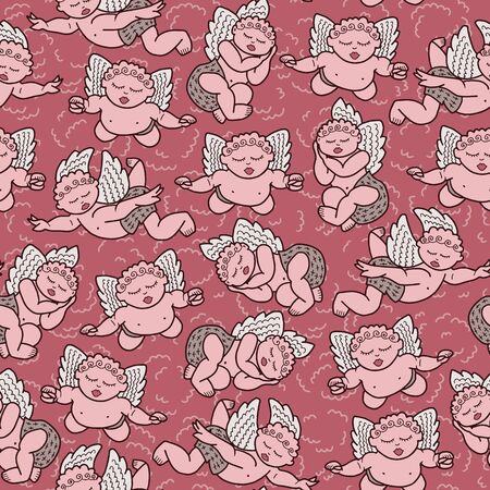Vector pastel little angel seamless pattern in pink. Simple doodle putto hand drawn made into repeat. Great for background, wallpaper, wrapping paper, packaging, valentines day.のイラスト素材