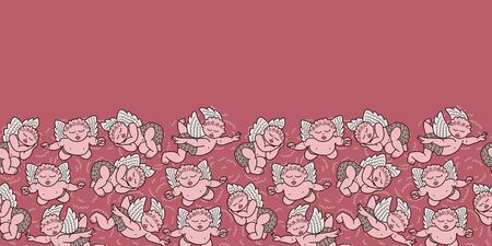 Vector love seamless border in pink. Simple doodle little angel hand drawn made into repeat. Great for invitations, decor, packaging, ribbon, greeting cards, stationary, valentines day.のイラスト素材